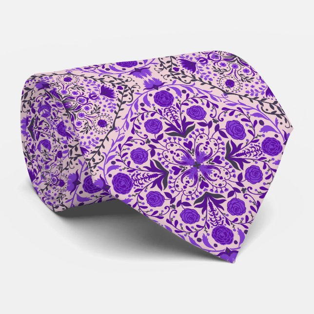 Floral tiles in violet and cotton candy pink neck tie (Rolled)