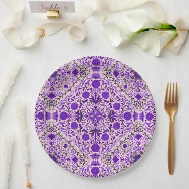 Floral tiles in violet and cotton candy pink paper plates (Wedding)
