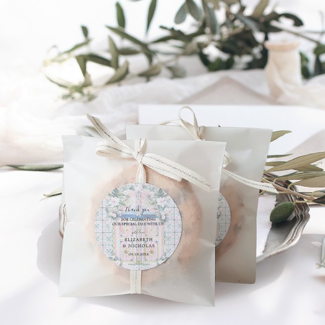 Floral Tiles | Moroccan Tropical Wedding Favor Classic Round Sticker (Creator Uploaded)