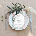 Floral Tiles | Moroccan Tropical Wedding Menu<br><div class="desc">Beautiful menu cards to compliment your table settings at your wedding or next dinner party. Beautiful watercolor tiles, florals and greenery adorns this elegant menu that is completely customizable. Morocco inspired weddings are bold, cool and boho chic. Dusty pink, deep teal blue, coral, yellow, and luscious green come together in...</div>