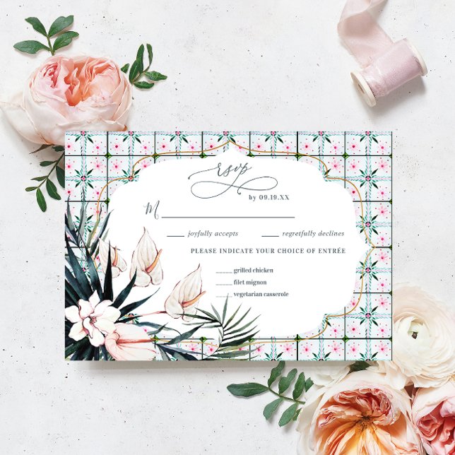 Floral Tiles | Moroccan Tropical Wedding RSVP Card (Creator Uploaded)