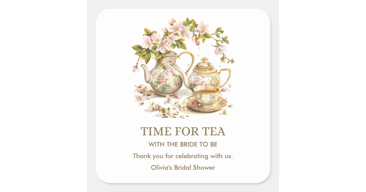 Floral Time for Tea Bridal Shower Thank You Square Sticker | Zazzle