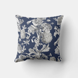 Floral Toile, White on Navy Background Throw Pillow