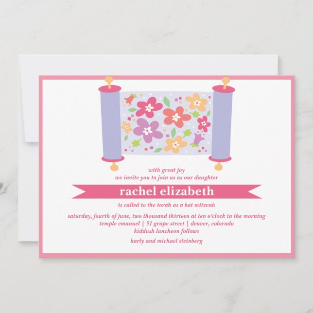 Floral Torah Bat Mitzvah Invitation (Front)