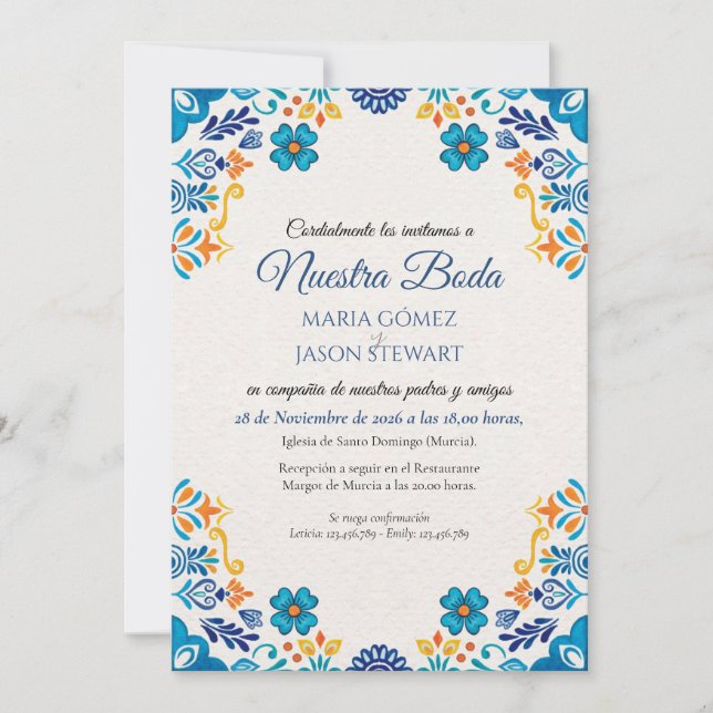 Floral Traditional Botanical Boda Spanish Wedding Invitation (Front)