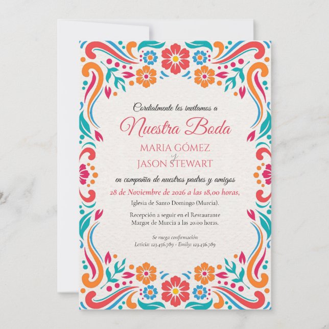 Floral Traditional Folk Art Spanish Wedding Invitation (Front)