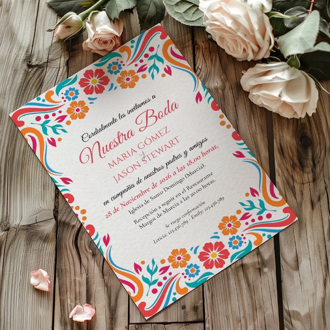 Floral Traditional Folk Art Spanish Wedding Invitation (Floral Traditional Folk Art Spanish Wedding Invitation)
