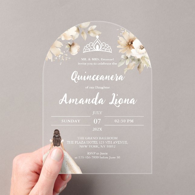 Floral Transparent Acrylic Quinceañera Acrylic Invitations (Insitu (Handheld))