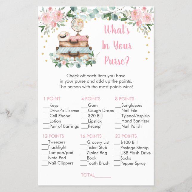 Floral Travel Bridal What's In Your Purse Game (Front)