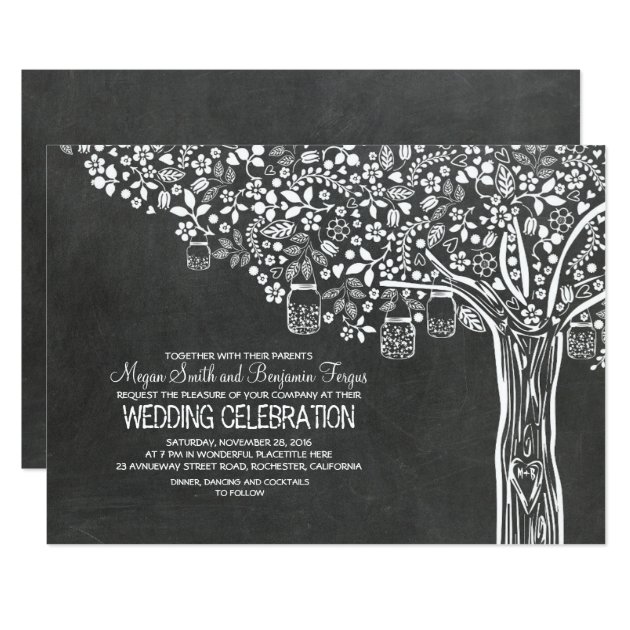 Floral Tree Mason Jar Lights Chalkboard Wedding Invitation