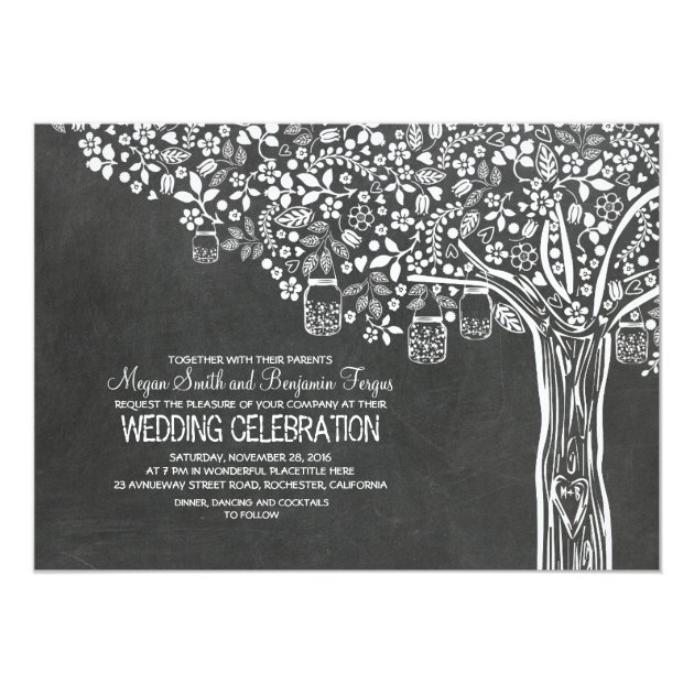 Floral Tree Mason Jar Lights Chalkboard Wedding Invitation