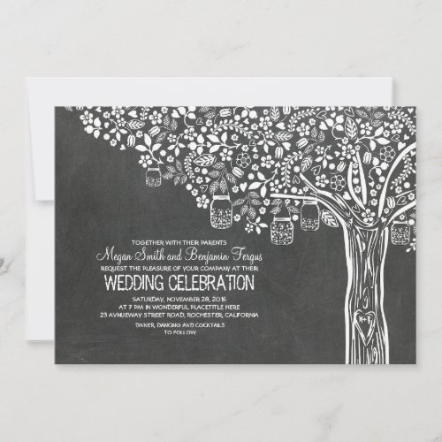 Floral Tree Mason Jar Lights Chalkboard Wedding Invitation