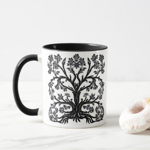 Floral Tree of Life in Black on White Mug