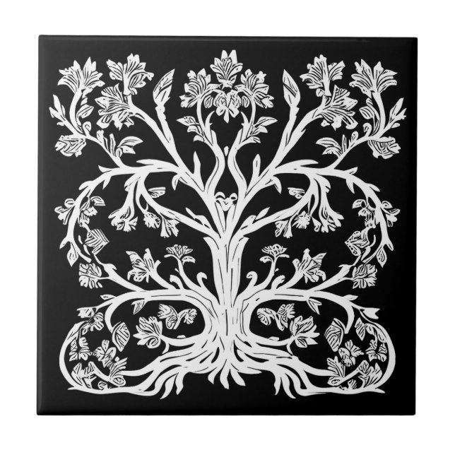 Floral Tree of Life in White on Black Ceramic Tile (Front)