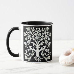 Floral Tree of Life in White on Black Mug