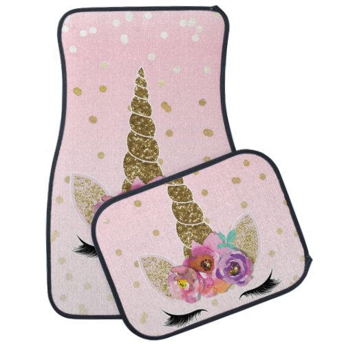 Floral Trendy Modern Unicorn Horn Gold Confetti Car Floor Mat