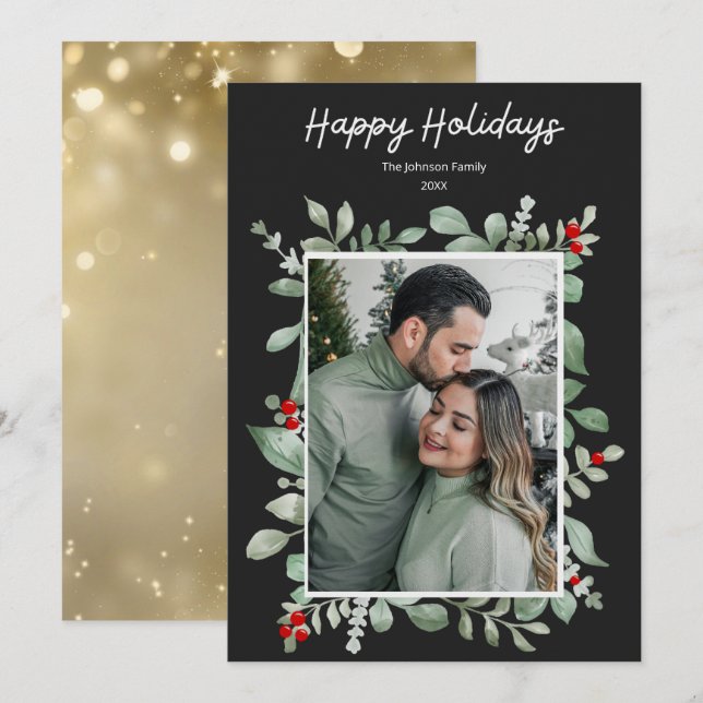 Floral trendy stylish photo calligraphy greenery  holiday card (Front/Back)