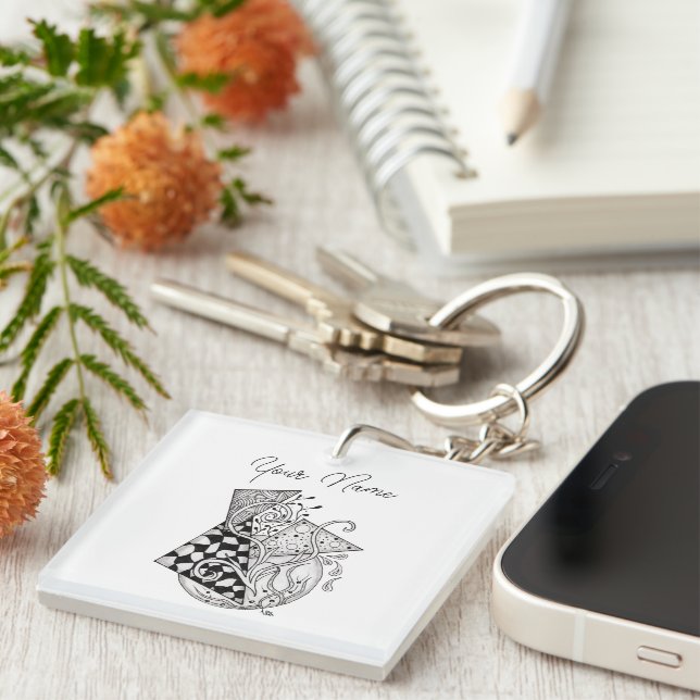 Floral Triangles, Tangle Drawing - Keychain (Front Right)