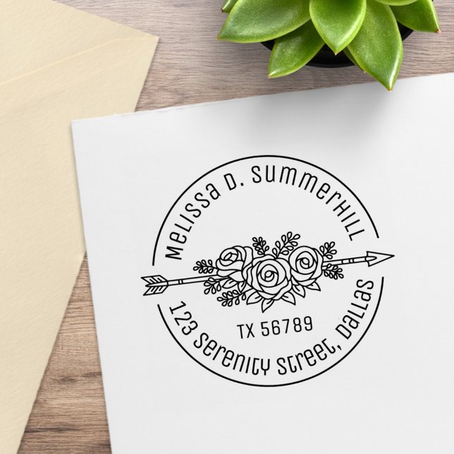 Floral Tribal Arrow Rose Flowers Round Address V2b Rubber Stamp (Creator Uploaded)