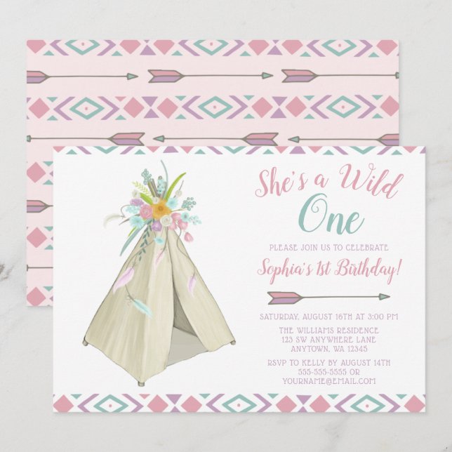 Floral Tribal Teepee Wild One 1st Birthday Invite (Front/Back)