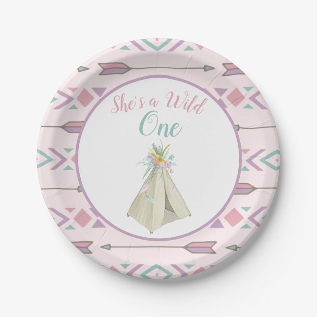 Floral Tribal Teepee Wild One 1st Birthday Paper Plates (Front)