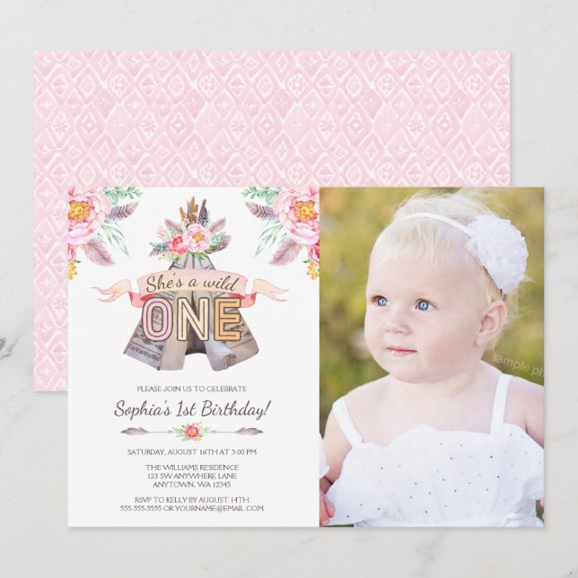 Floral Tribal Teepee Wild One 1st Birthday Photo Invitation (Front/Back)