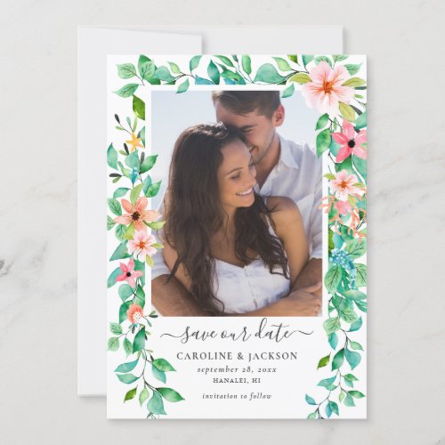 Floral Tropical Beach Photo Save the Date Invitation