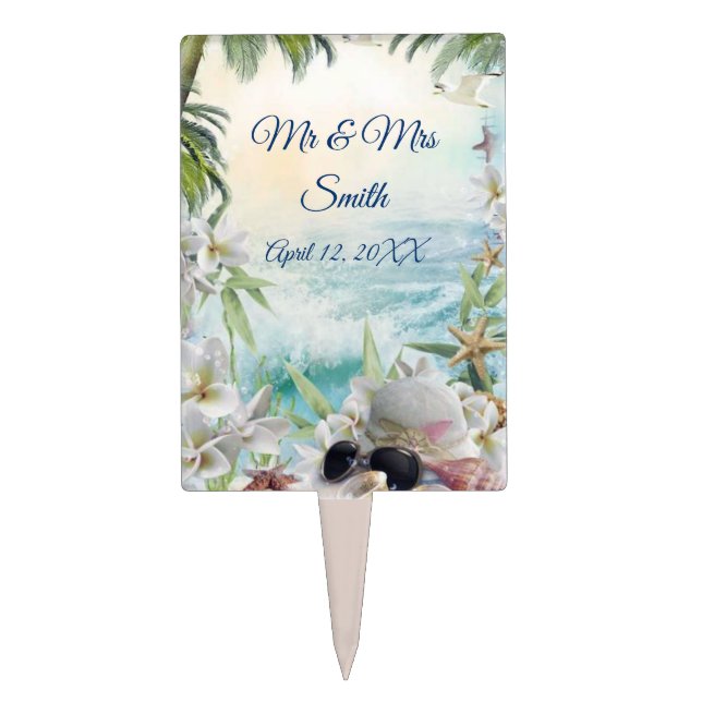 Floral Tropical Beach Wedding Cake Topper (Front)