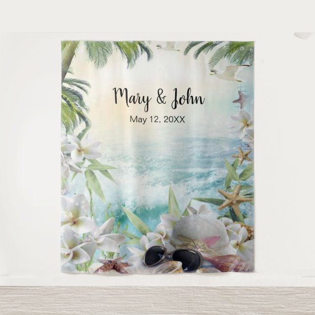 Floral Tropical Beach Wedding Photo Backdrop (Front)