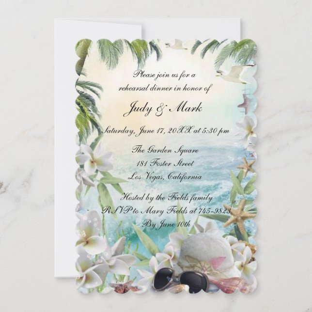 Floral Tropical Beach Wedding Rehearsal Dinner Invitation (Front)
