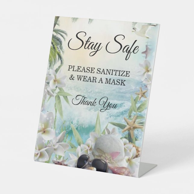 Floral Tropical Beach Wedding Safety  Pedestal Sign (Front)