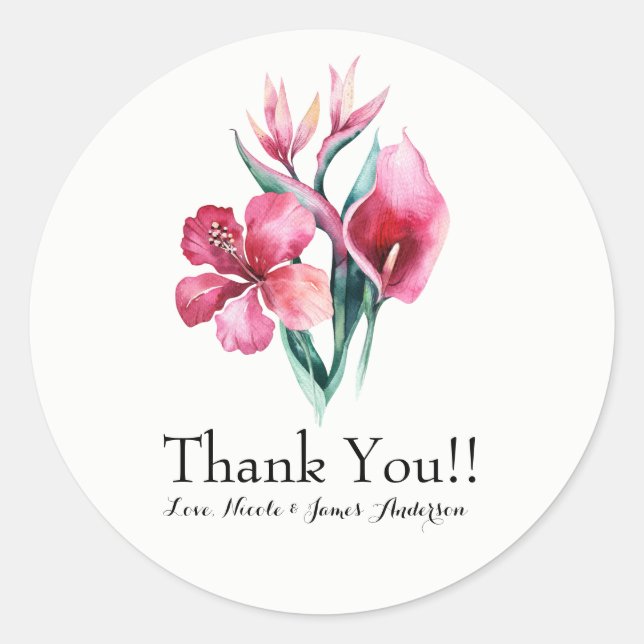 Floral Tropical Bouquet Elegant Wedding Favor Classic Round Sticker (Front)