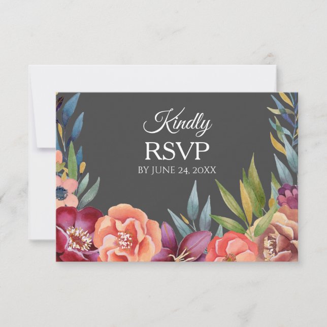 Floral Tropical Burgundy RSVP 3 Meal Card- Gray (Front)