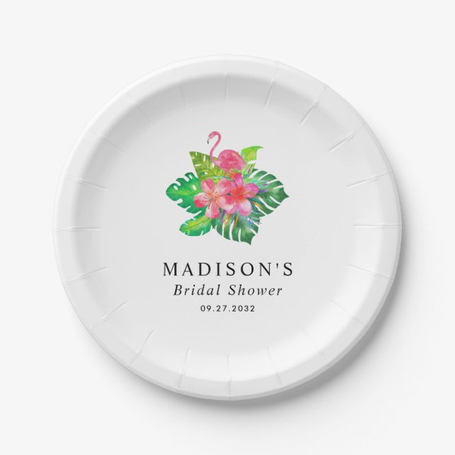 Floral Tropical Flamingo Bridal Shower Paper Plates (Front)