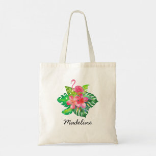 Floral Tropical Flamingo Monogram Tote Bag