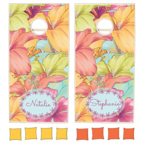 Floral Tropical Flower Hibiscus Illustrations Cornhole Set