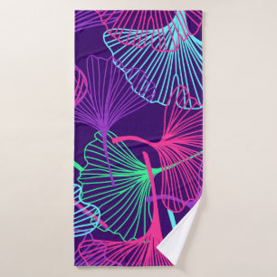 Floral Tropical Gingko Leaves background in neon c Bath Towel