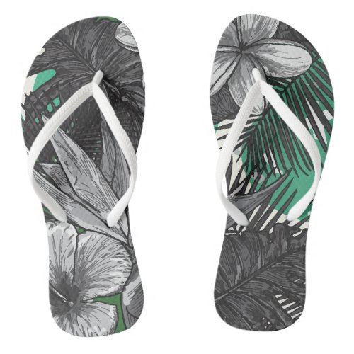 Floral Tropical Hawaiian Background Green And Whit Flip Flops