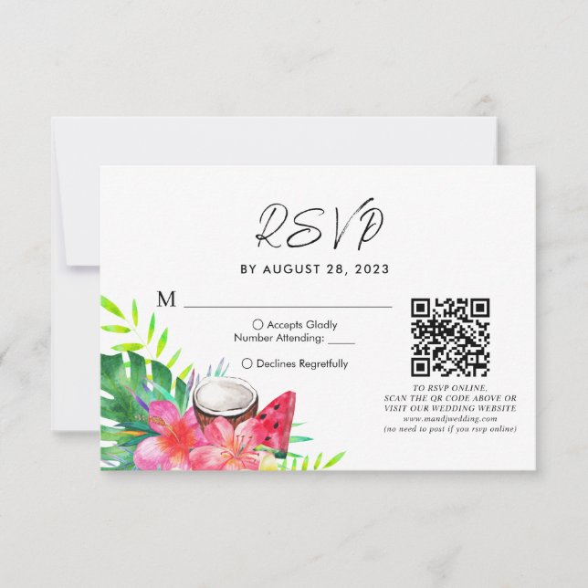 Floral Tropical Hawaiian QR Code Wedding Rsvp Card (Front)
