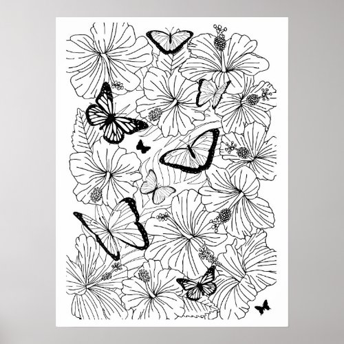 Floral Tropical Hibiscus and Butterflies Coloring Poster