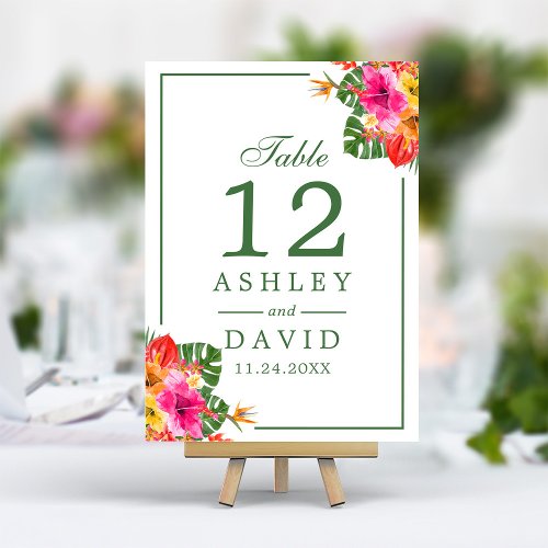 Floral Tropical Hibiscus Palm Leaves Table Number