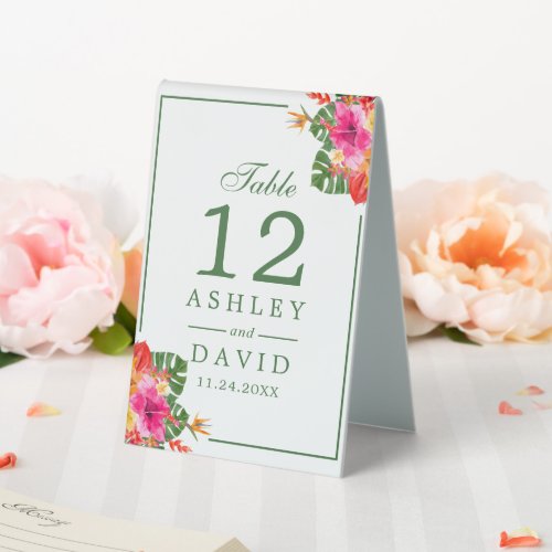 Floral Tropical Hibiscus Palm Leaves Table Number Table Tent Sign