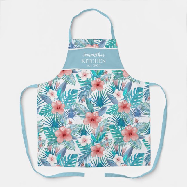 Floral Tropical Hibiscus Personalized  Name Apron (Front)