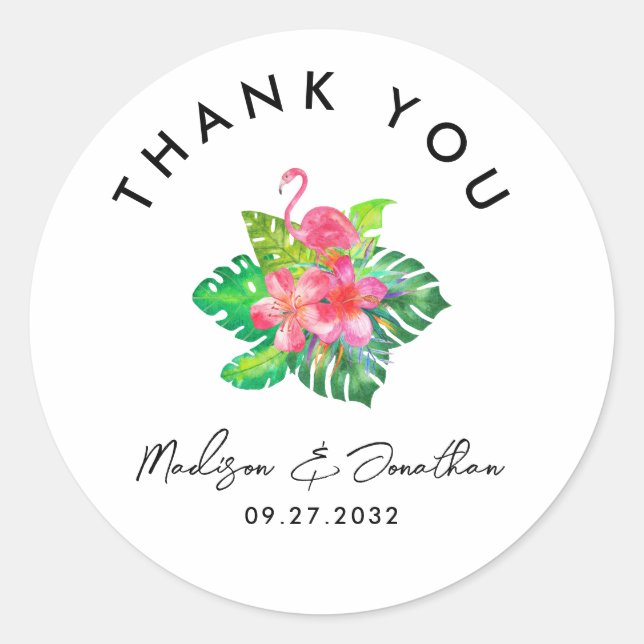Floral Tropical Paradise Wedding Thank You Classic Round Sticker (Front)