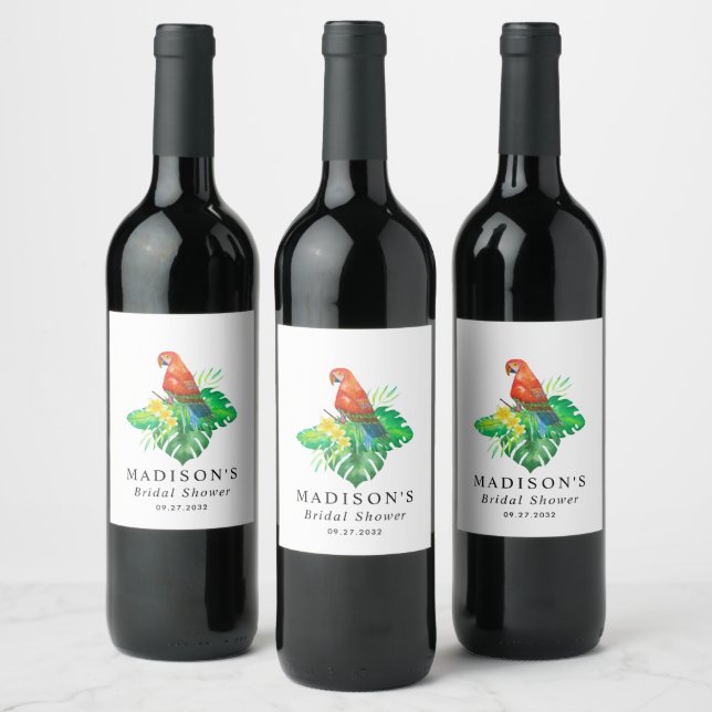Floral Tropical Parrot Palm Leaves  Bridal Shower Wine Label (Bottles)