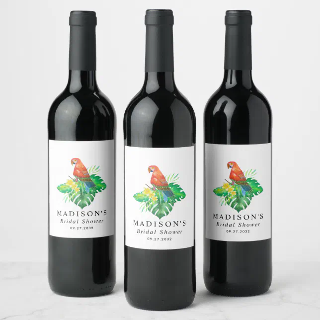 Picture of Floral Tropical Parrot Palm Leaves Bridal Shower Wine Label | Zazzle