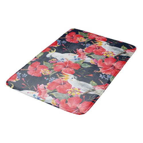 Floral Tropical Pattern Red Hibiscus Cockatoo   Bath Mat