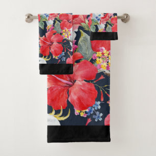 Floral Tropical Pattern Red Hibiscus Cockatoo Bath Towel Set