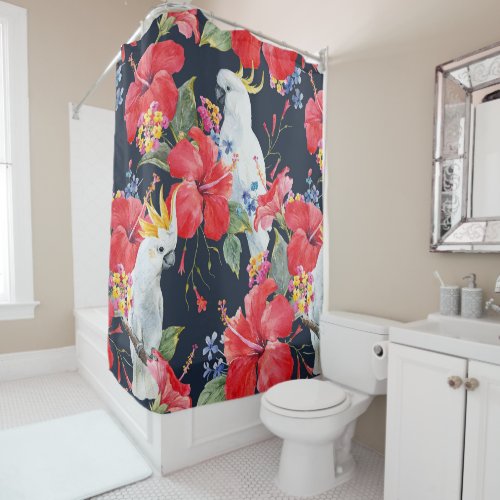 Floral Tropical Pattern Red Hibiscus Cockatoo    Shower Curtain