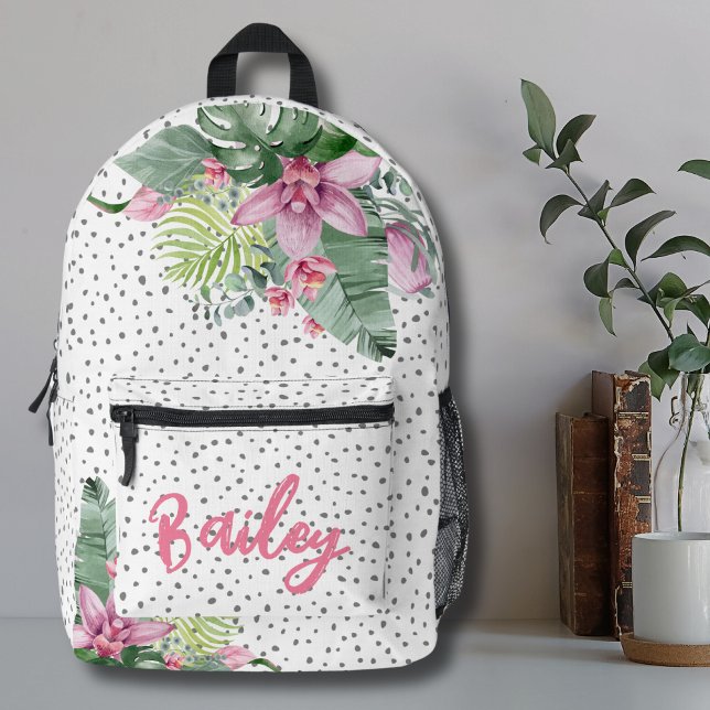 Floral Tropical Personalized Name Girls Printed Backpack (Cute Trendy Dot Pattern Floral Tropical Watercolor Printed Backpack)